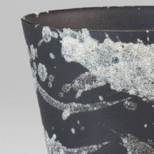 Load image into Gallery viewer, Close-up of a black bonsai pot with white speckles on a gray background