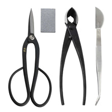 Load image into Gallery viewer, 4PCS Japanese Bonsai Essential Kit [ Yasugi Steel Ashinaga Scissors + Concave Cutter + Tweezers + Sap Eraser ] - Wazakura Japan
