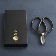 Load image into Gallery viewer, Koryu Black Scissors next their original box on purple background
