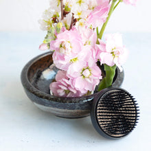 Load image into Gallery viewer, 2PCS Japanese Ikebana Essential Tool Set [ Brass Kenzan + Black with Brown White Brush Vase ] - Wazakura Japan

